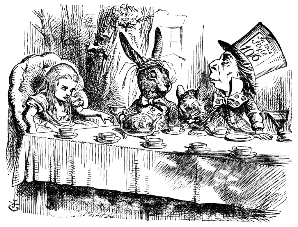 Die verrückte Teegesellschaft: Alice, der Märzhase, die Haselmaus und der Hutmacher — John Tenniel, 1865