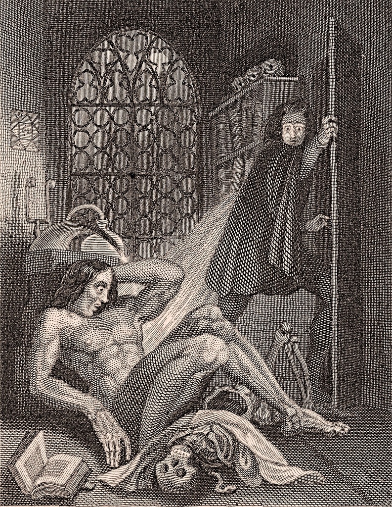 Victor Frankenstein flieht vor seinem Geschöpf — Frontispiz von Theodor von Holst zur Ausgabe von 1831