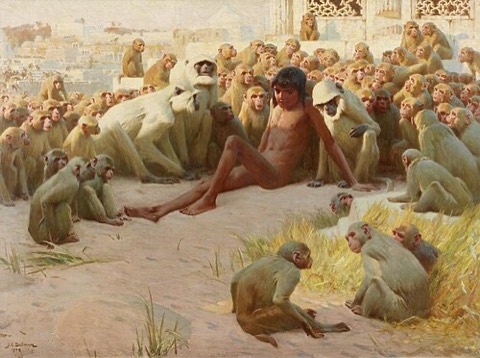 Mowgli bei den Affen in den Kalten Höhlen — John Charles Dollman, 1903