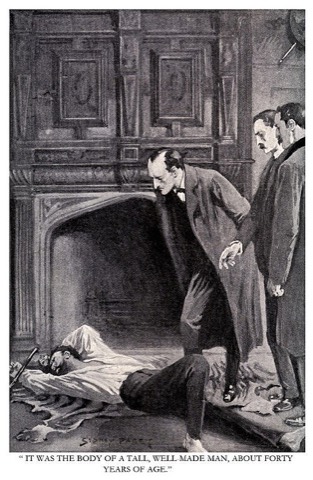 Holmes über dem Toten — „The Adventure of the Abbey Grange“, die Geschichte, die mit „The game is afoot“ beginnt. Sidney Paget, 1904