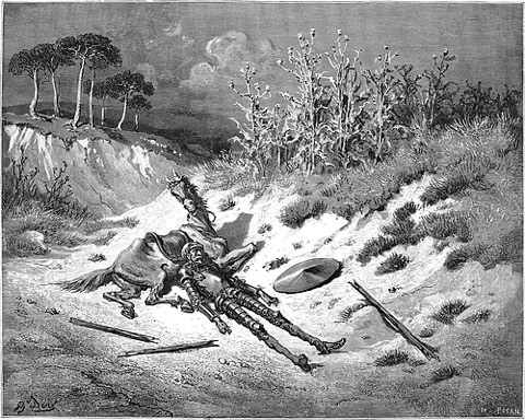 Geschlagen am Boden, Lanze und Schild daneben — Gustave Doré, 1863