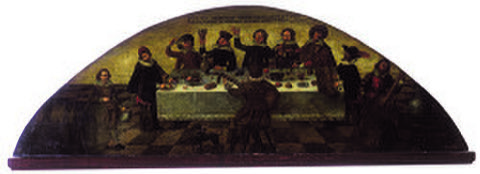 Faust und sein Pudel zechen mit Studenten in Auerbachs Keller zu Leipzig — Tafelbild eines unbekannten Malers, um 1625, bis heute im Keller
