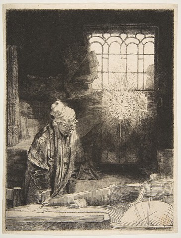Rembrandts Radierung eines Gelehrten vor einer leuchtenden Erscheinung, bekannt als „Faust“, um 1652