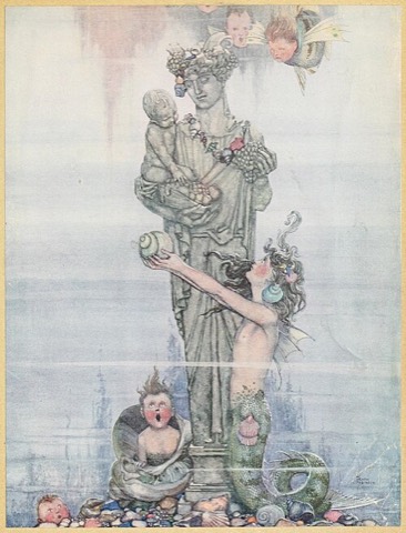 Die Meerjungfrau an der Marmorstatue in ihrem Garten — W. Heath Robinson, 1913
