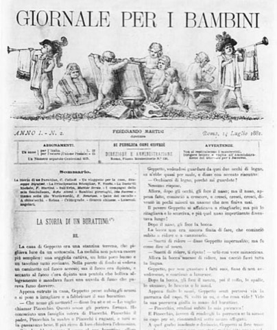 Giornale per i bambini vom 14. Juli 1881 — hier erschien die Geschichte zuerst, als „La storia di un burattino“