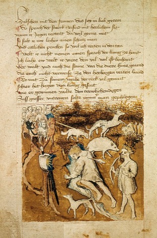 Siegfrieds Tod an der Quelle, Hagen steht daneben — Hundeshagenscher Kodex, 15. Jahrhundert