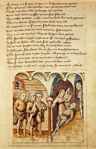 Siegfrieds Leiche vor Kriemhilds Tür — Hundeshagenscher Kodex, 15. Jahrhundert