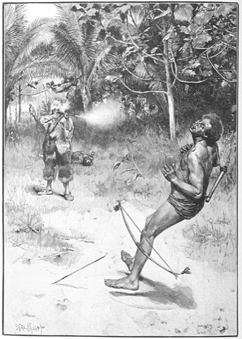 Robinson schiesst auf einen der Verfolger — so rettet er Freitag. Walter Paget, 1891