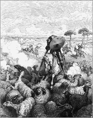 Don Quijote reitet in die Schafherde, die er für ein Heer hält — Gustave Doré, 1863