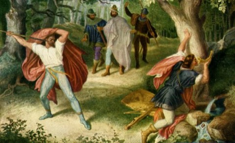 Siegfrieds Tod — Julius Schnorr von Carolsfeld, Wandbild in den Nibelungensälen der Münchner Residenz, 1847