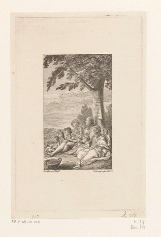 Der Hausvater erzählt unter dem Apfelbaum — Titelkupfer von Daniel Chodowiecki zu Campes „Robinson der Jüngere“, 1779