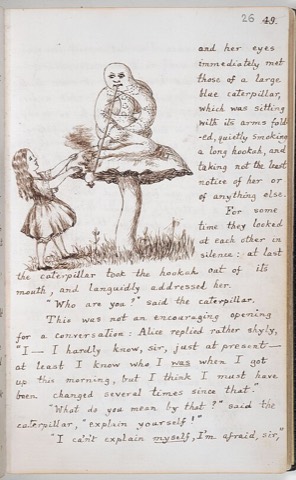 Alice und die Raupe, von Carroll selbst gezeichnet — aus der Handschrift „Alice’s Adventures Under Ground“, die er Alice Liddell schenkte
