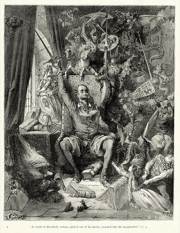 Don Quijote über seinen Büchern — nach Gustave Doré
