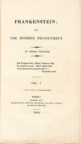 Titelblatt der Erstausgabe, erster von drei Bänden, London 1818 — ohne Namen der Autorin, mit dem Motto aus Miltons „Paradise Lost“
