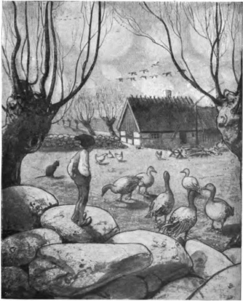 Nils und die Gänse auf dem Hof — John Bauer zur ersten Ausgabe, 1906