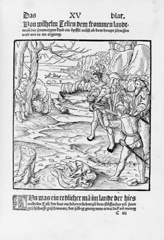 Der Apfelschuss in Petermann Etterlins Chronik, 1507 — die älteste datierte Darstellung der Sage. Holzschnitt, Daniel Schwegler zugeschrieben