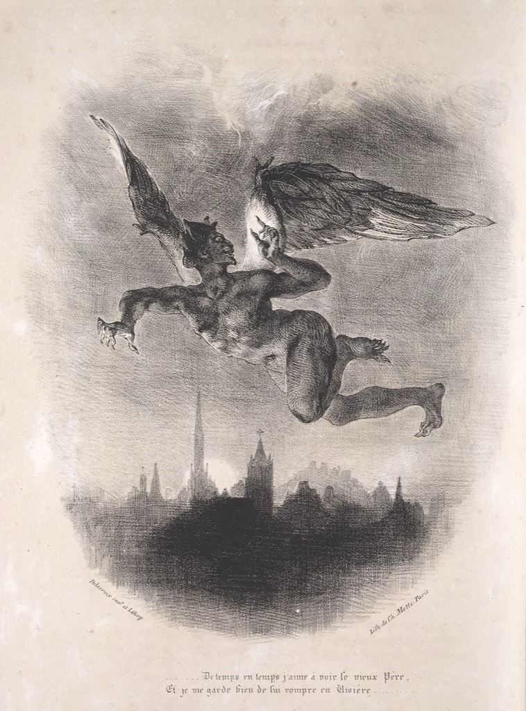 Mephisto über der Stadt — Eugène Delacroix, Lithografie zu Goethes Faust, 1828