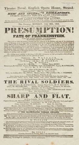 Theaterzettel zur ersten Bühnenfassung „Presumption; or, the Fate of Frankenstein“, English Opera House, London, 28. Juli 1823