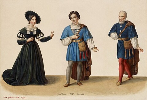 Kostümentwürfe zur Uraufführung an der Pariser Oper 1829: Mathilde, Arnold Melchtal, Walter Fürst — Eugène Du Faget