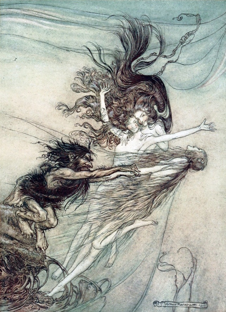 Die Rheintöchter necken Alberich — Arthur Rackham zu Wagners Ring, 1910