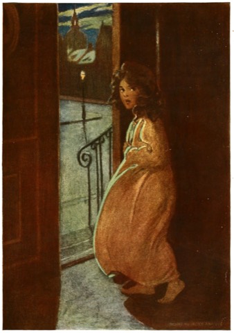 Das „Gespenst“ im Haus Sesemann: Heidi schlafwandelt zur Haustür — Jessie Willcox Smith, 1922