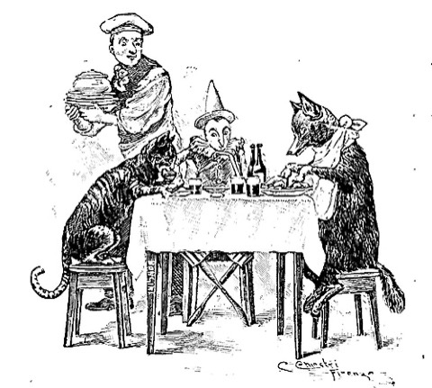 Mit Fuchs und Kater im Wirtshaus zum Roten Krebs — Carlo Chiostri, Stich Adolfo Bongini, 1902