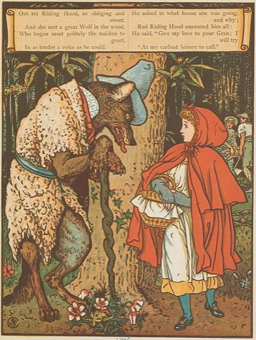 Der Wolf im Schafspelz spricht Rotkäppchen an — Walter Crane, Bilderbuch 1875