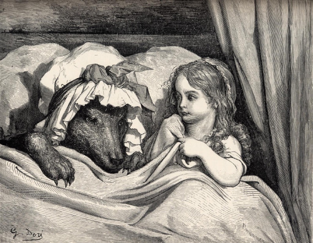 Rotkäppchen staunt, wie die Grossmutter aussieht — Gustave Doré, 1862