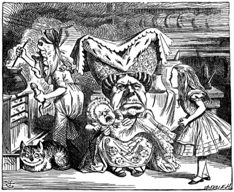 In der Küche der Herzogin: Köchin, Pfefferdunst, das Baby und die Grinsekatze — John Tenniel, 1865