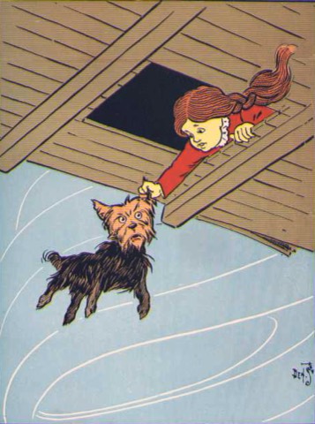 Im Wirbelsturm: Dorothy packt Toto am Ohr — W. W. Denslow, 1900