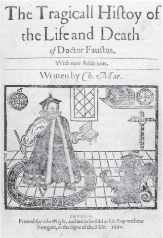Marlowes „Doctor Faustus“, Ausgabe von 1620: Faust im Zauberkreis, der Teufel steigt aus dem Boden