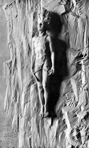 Mowgli springt vom Felsen — Relief von John Lockwood Kipling, um 1907
