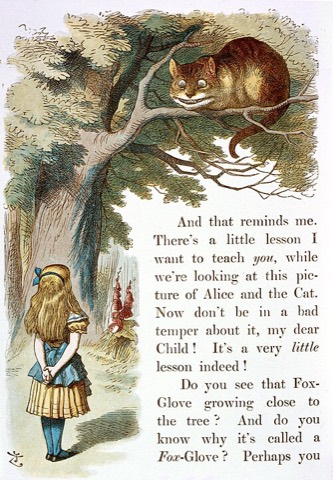 Dasselbe Bild in Farbe, von Tenniel selbst koloriert: gelbes Kleid, blaue Strümpfe — The Nursery Alice, 1890