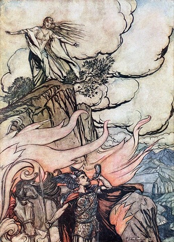 Siegfried verlässt Brünnhilde, um Abenteuer zu suchen — Arthur Rackham, 1911