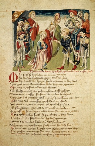 Siegfried sieht Kriemhild zum ersten Mal, am Hof in Worms — Hundeshagenscher Kodex, 15. Jahrhundert