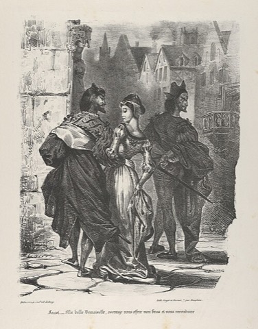 Faust spricht Margarete auf der Strasse an, Mephisto dahinter — Eugène Delacroix