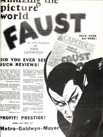Amerikanische Anzeige für Murnaus Faust mit Emil Jannings, Film Daily, Dezember 1926