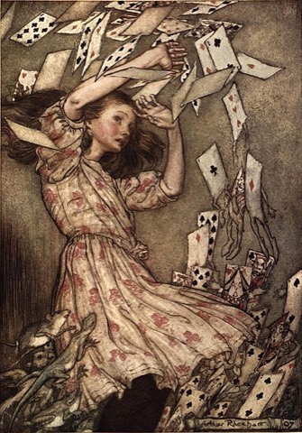 „At this the whole pack rose up into the air“ — der Kartenstapel am Ende, Arthur Rackham, 1907