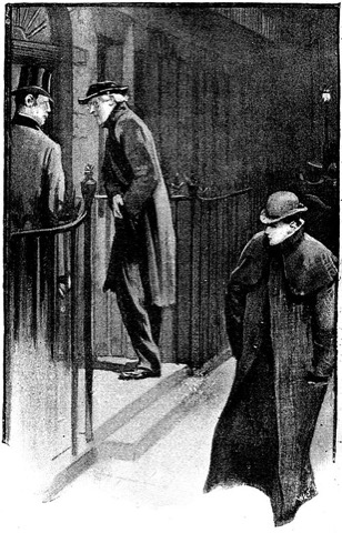 „Good-night, Mister Sherlock Holmes“ — Irene Adler geht verkleidet an ihm vorbei. Sidney Paget, 1891