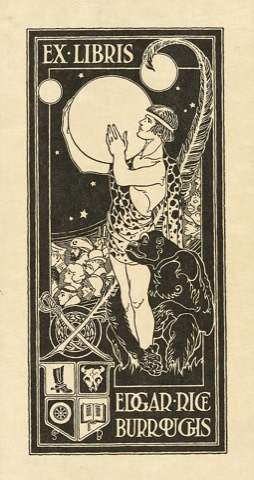 Burroughs’ Exlibris mit Tarzan, der den Mars hält — entworfen von seinem Neffen Studley Burroughs