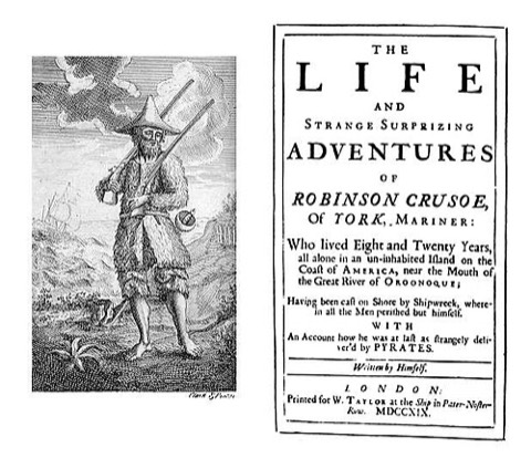 Frontispiz und Titelblatt der Erstausgabe, London 1719 — „Written by Himself“, ohne Defoes Namen